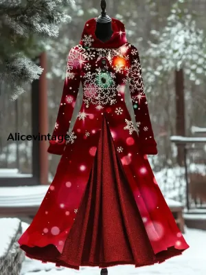 Gradient Snowflake Art Print Vintage Elegant Long Sleeve Maxi Dress Fake Two Piece Hooded Dress