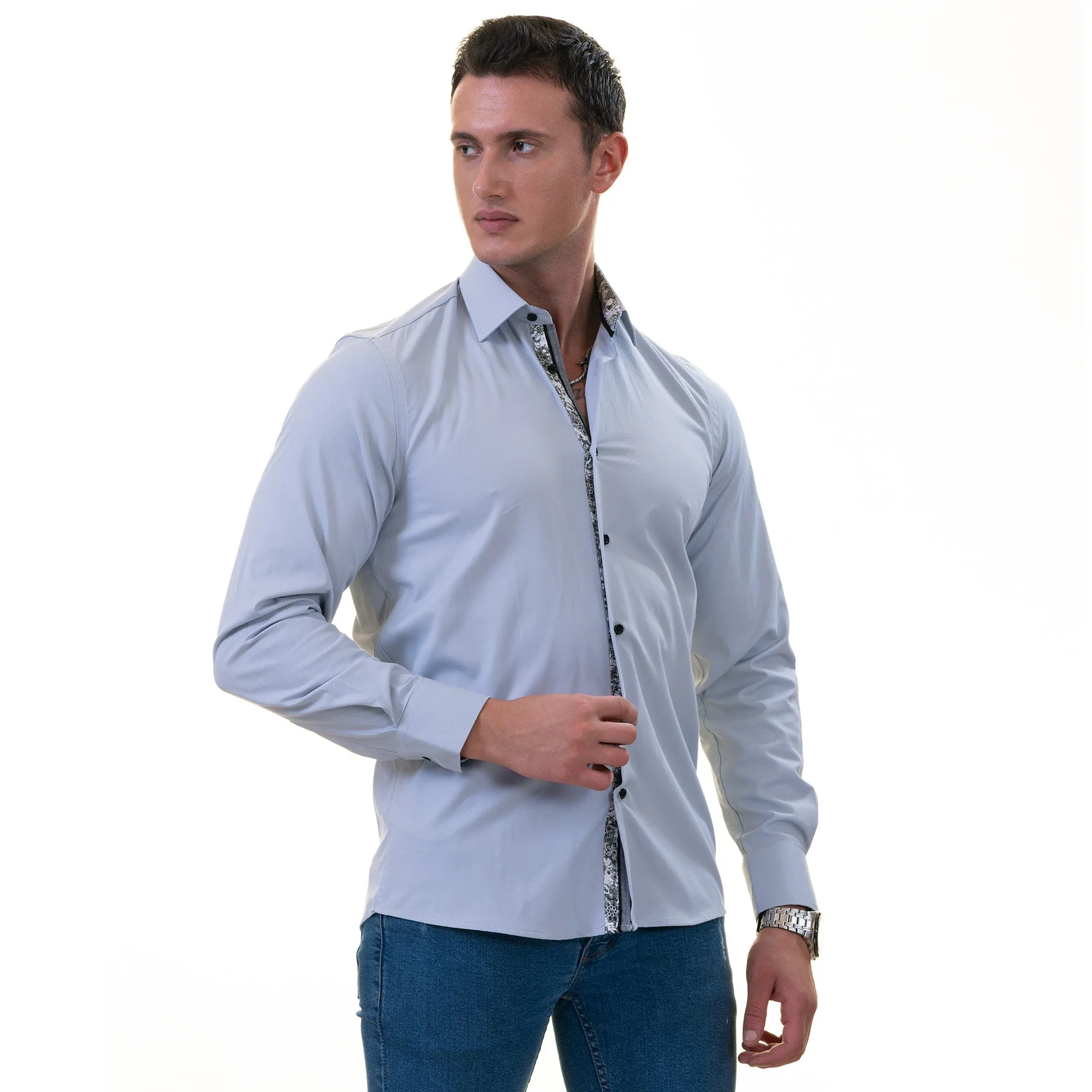 Gray inside Floral Men's  Slim Fit Designer Dress Shirt - Tailored Cotton Shirts for Work and Casual Wear