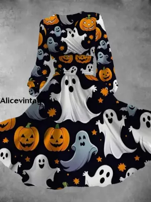 Halloween Art Print Vintage Elegant V-Neck Long Sleeve Midi Dress