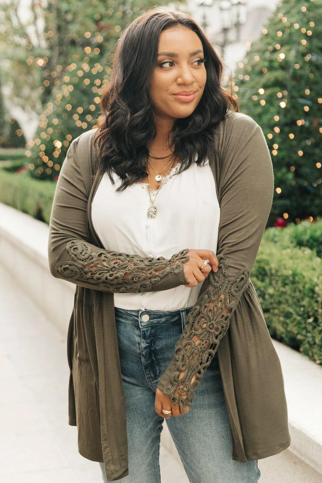 Hazel Blues® | Little Bit Of Lace Cardigan In Olive