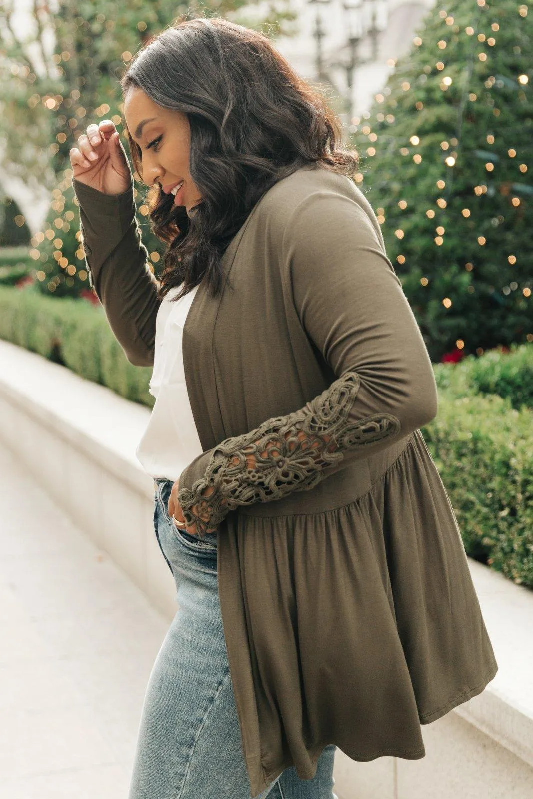 Hazel Blues® | Little Bit Of Lace Cardigan In Olive