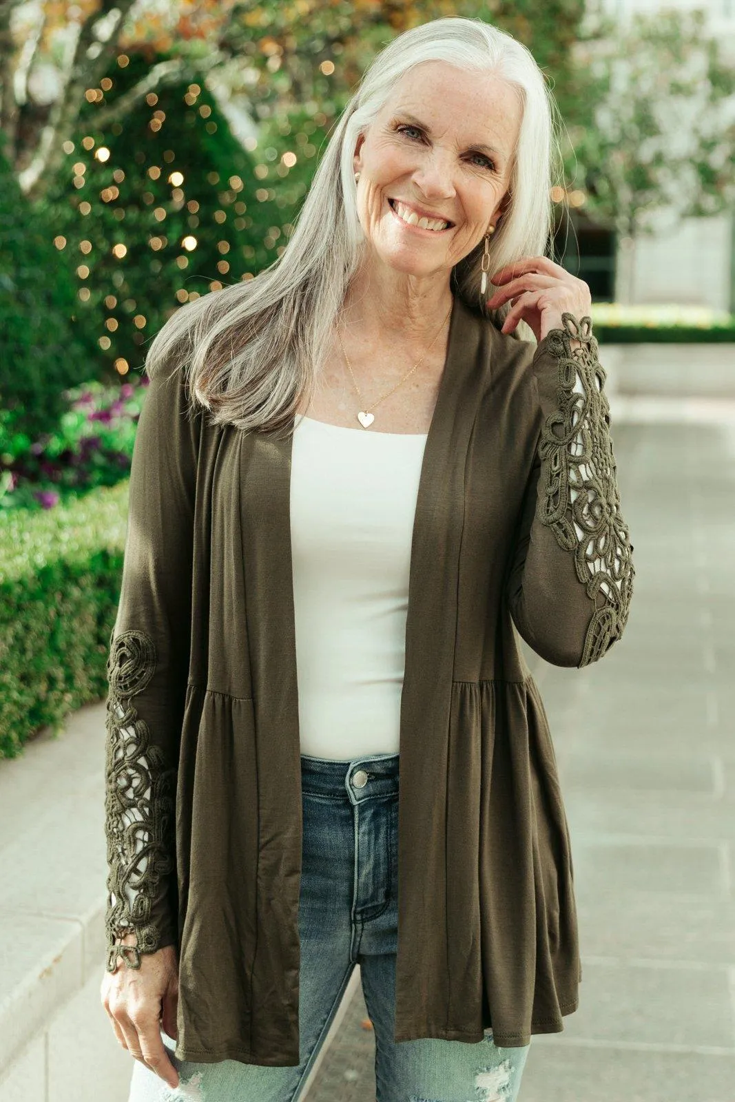 Hazel Blues® | Little Bit Of Lace Cardigan In Olive