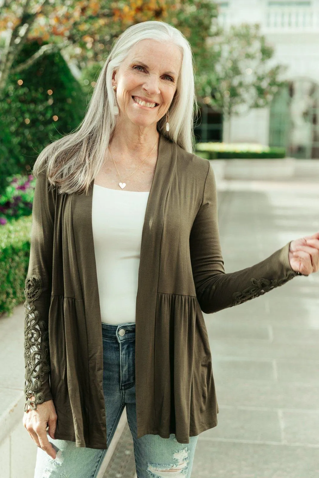 Hazel Blues® | Little Bit Of Lace Cardigan In Olive