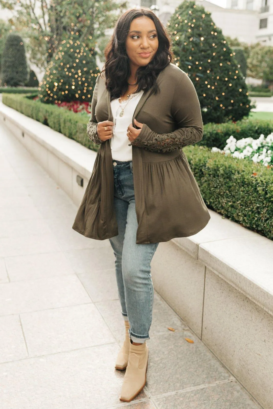 Hazel Blues® | Little Bit Of Lace Cardigan In Olive
