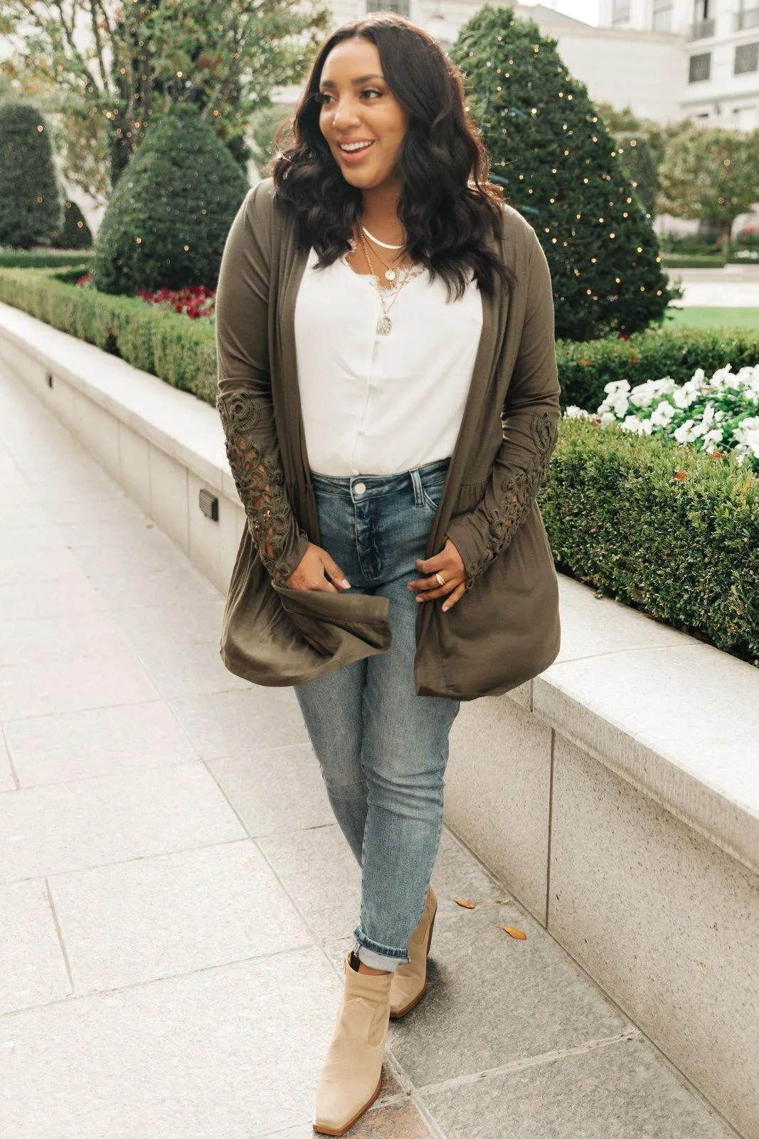 Hazel Blues® | Little Bit Of Lace Cardigan In Olive