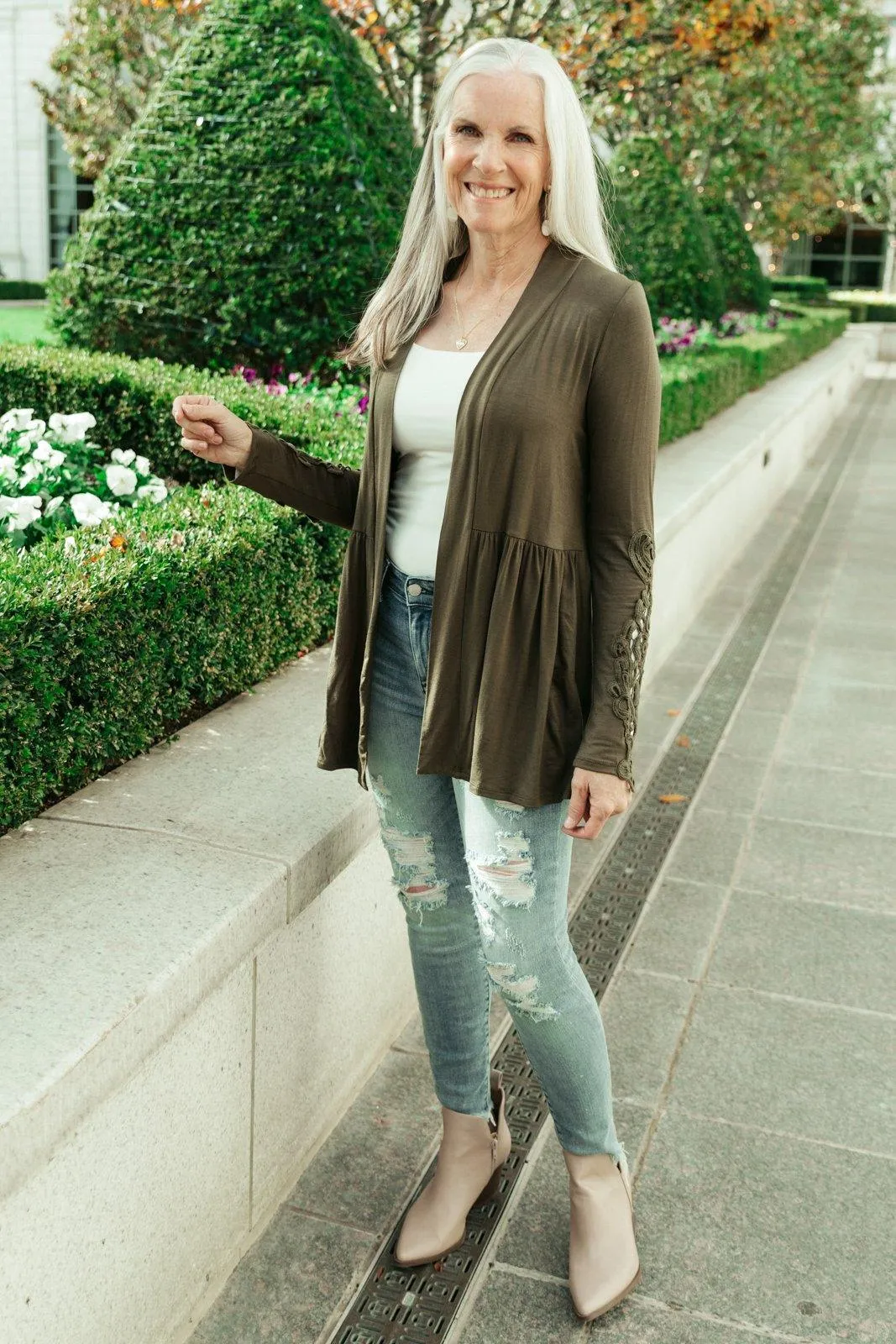 Hazel Blues® | Little Bit Of Lace Cardigan In Olive