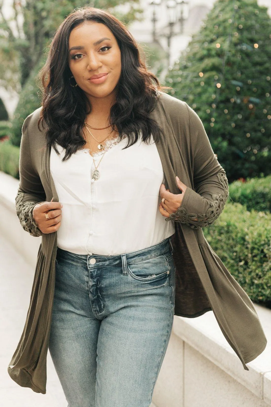 Hazel Blues® | Little Bit Of Lace Cardigan In Olive