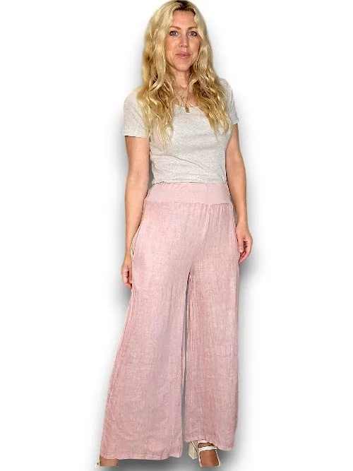 HELGA MAY Italian Linen Wide Leg Pants Plain ~ Light Pink