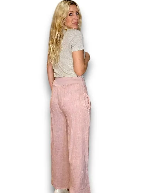 HELGA MAY Italian Linen Wide Leg Pants Plain ~ Light Pink