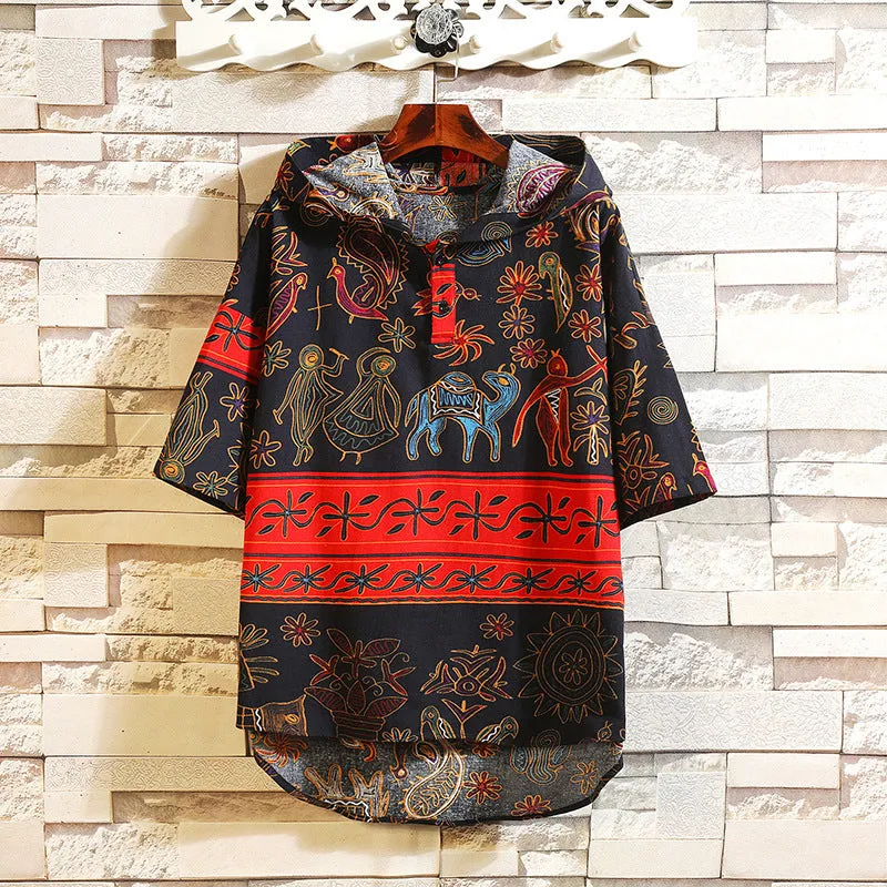 INCERUN Ethnic Style Printed T Shirt Men Hooded Vintage