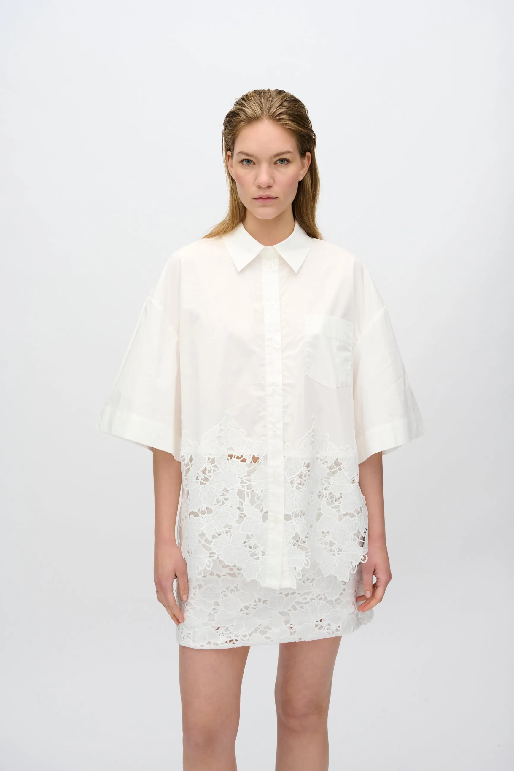 Ines short sleeved shirt with lace 4256 - Coco Milk