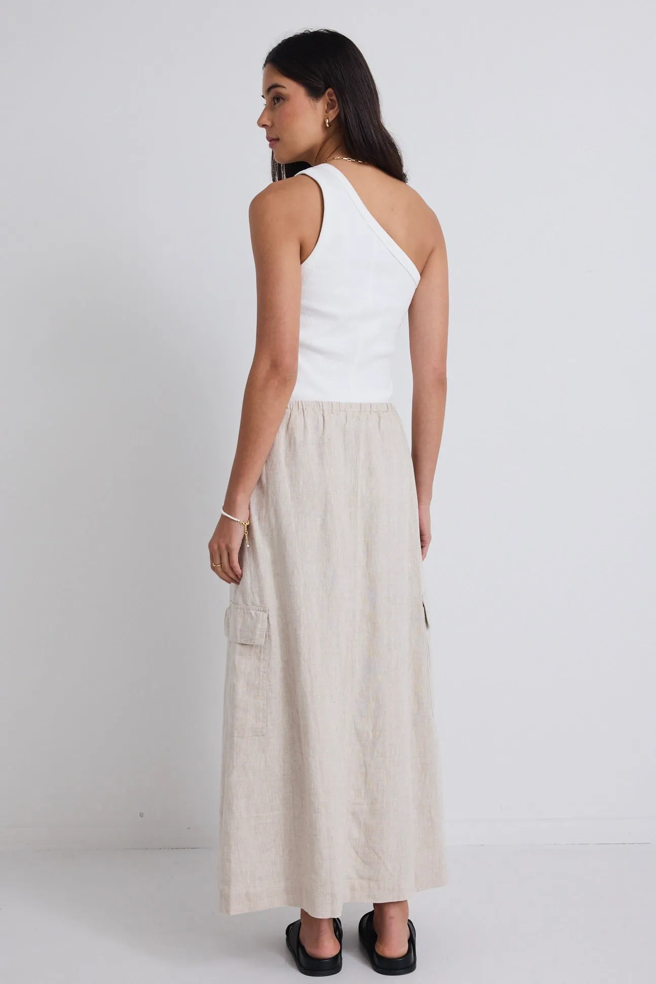 Invincible Natural Linen Elastic Waist Pocket Maxi Skirt