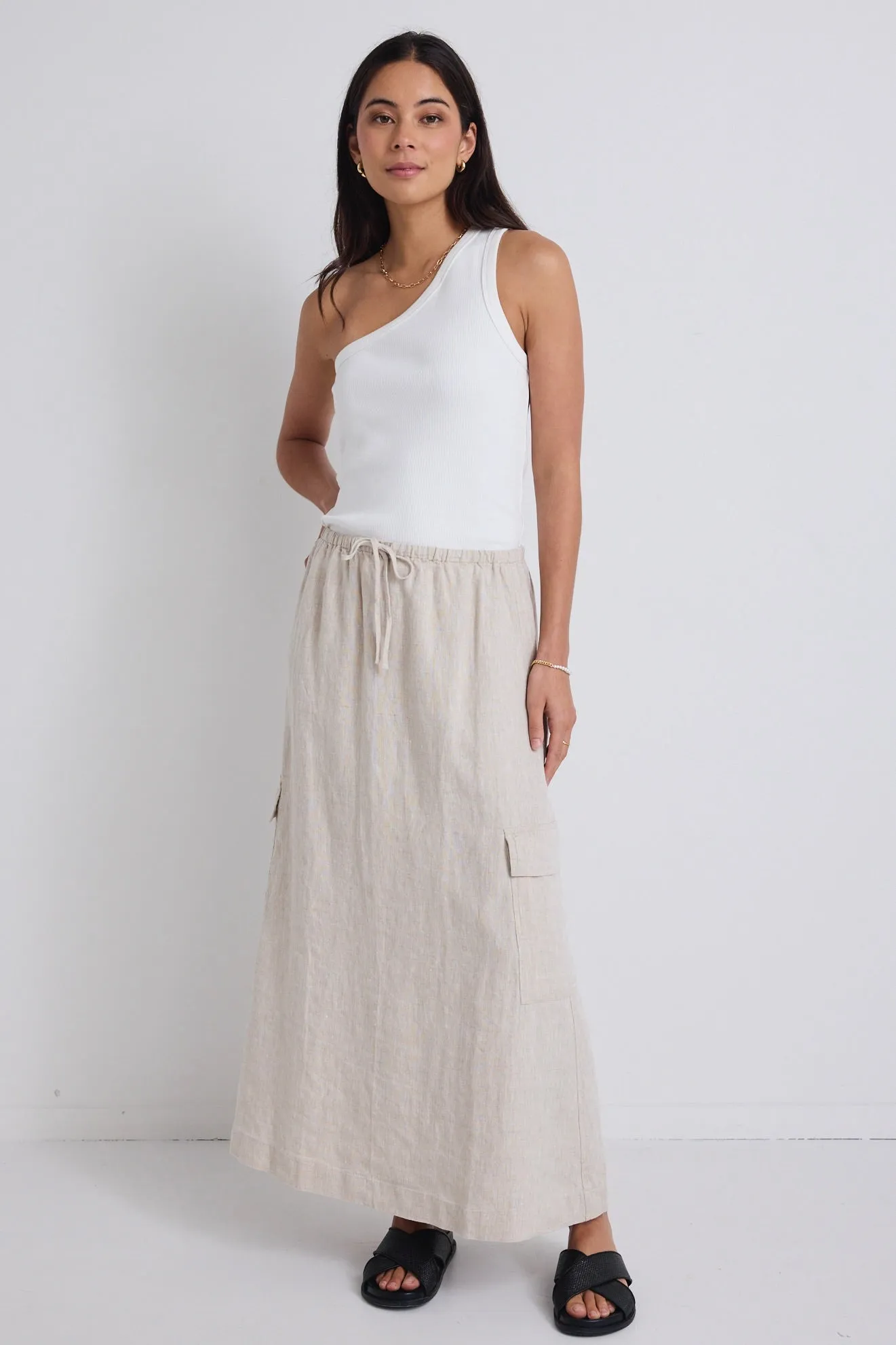 Invincible Natural Linen Elastic Waist Pocket Maxi Skirt