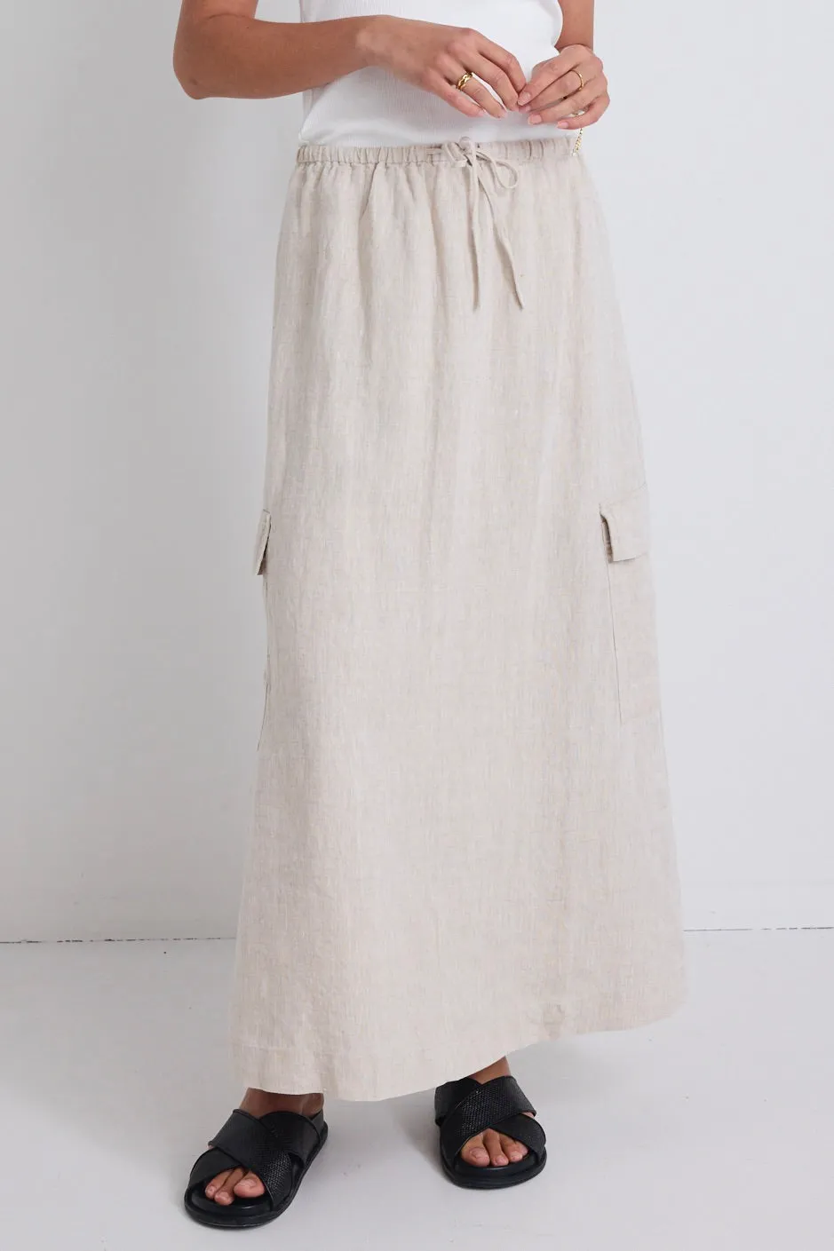 Invincible Natural Linen Elastic Waist Pocket Maxi Skirt