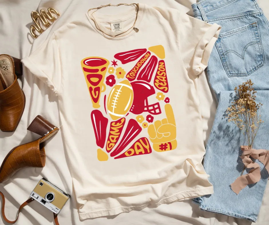 Iowa State Maroon & Gold Hand Drawn Football Abstract Flower Art Ivory Tee