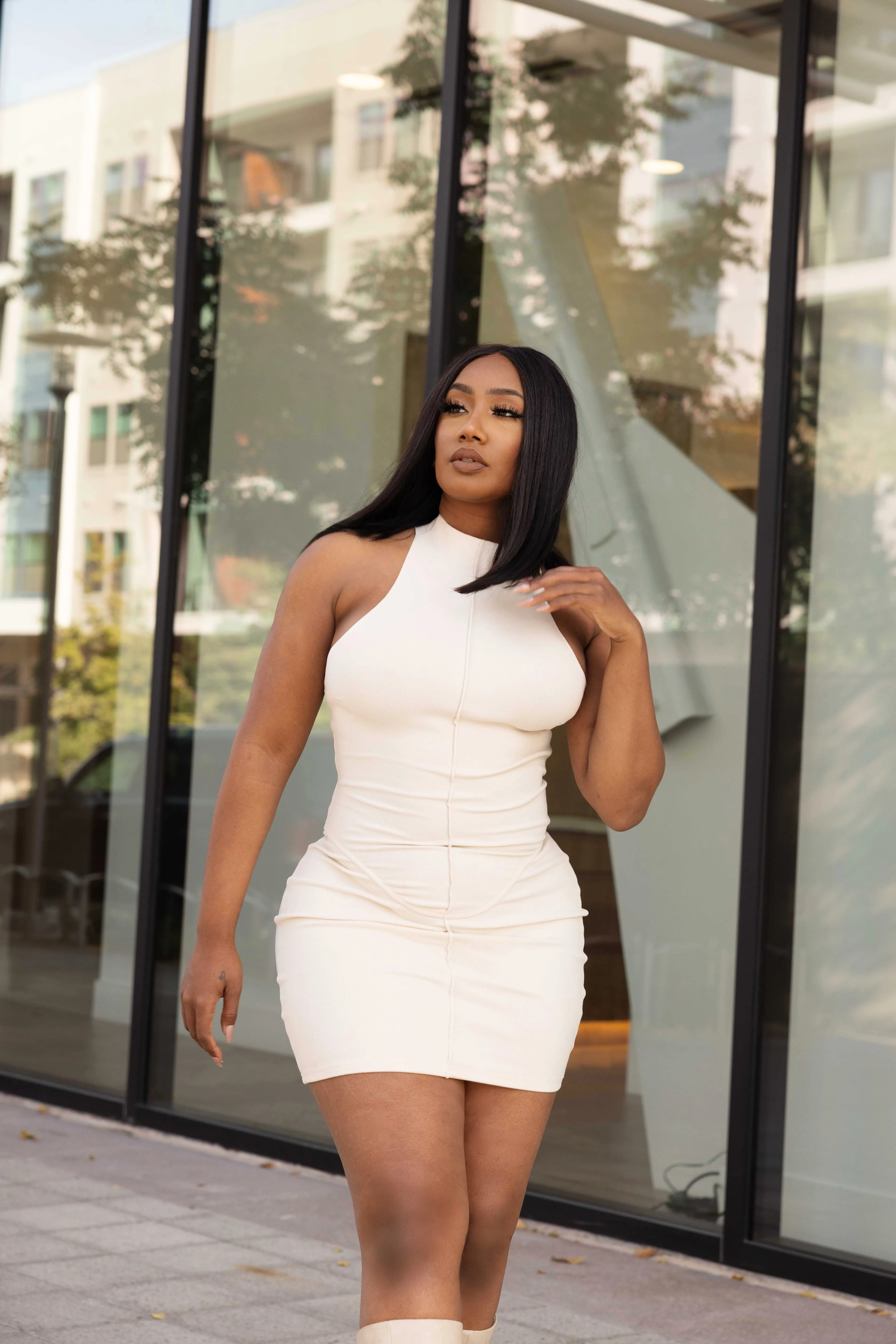 JOVIE MOCKNECK MINI DRESS- IVORY