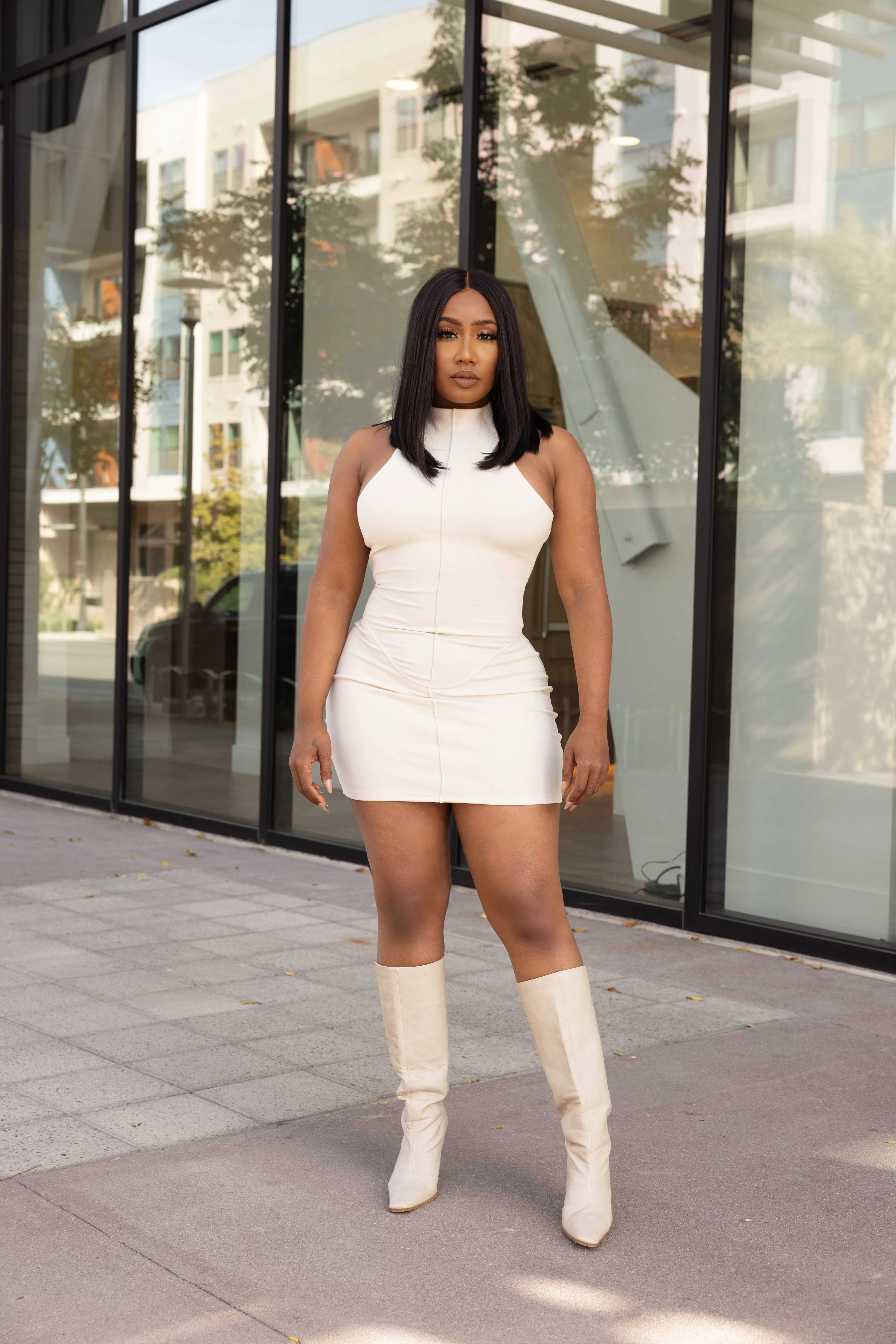 JOVIE MOCKNECK MINI DRESS- IVORY