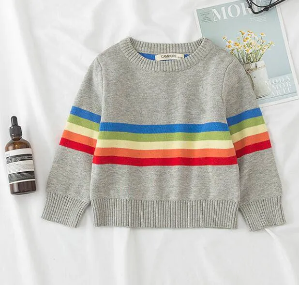 Kids Knitted Cartoon Solid Colour Long Sleeve Sweater - Grey, Navy, Yellow, Striped