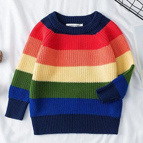Kids Knitted Cartoon Solid Colour Long Sleeve Sweater - Grey, Navy, Yellow, Striped