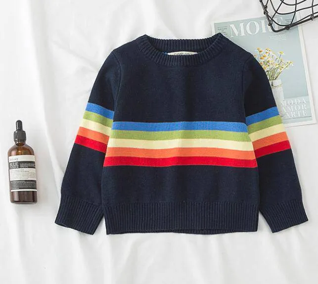 Kids Knitted Cartoon Solid Colour Long Sleeve Sweater - Grey, Navy, Yellow, Striped