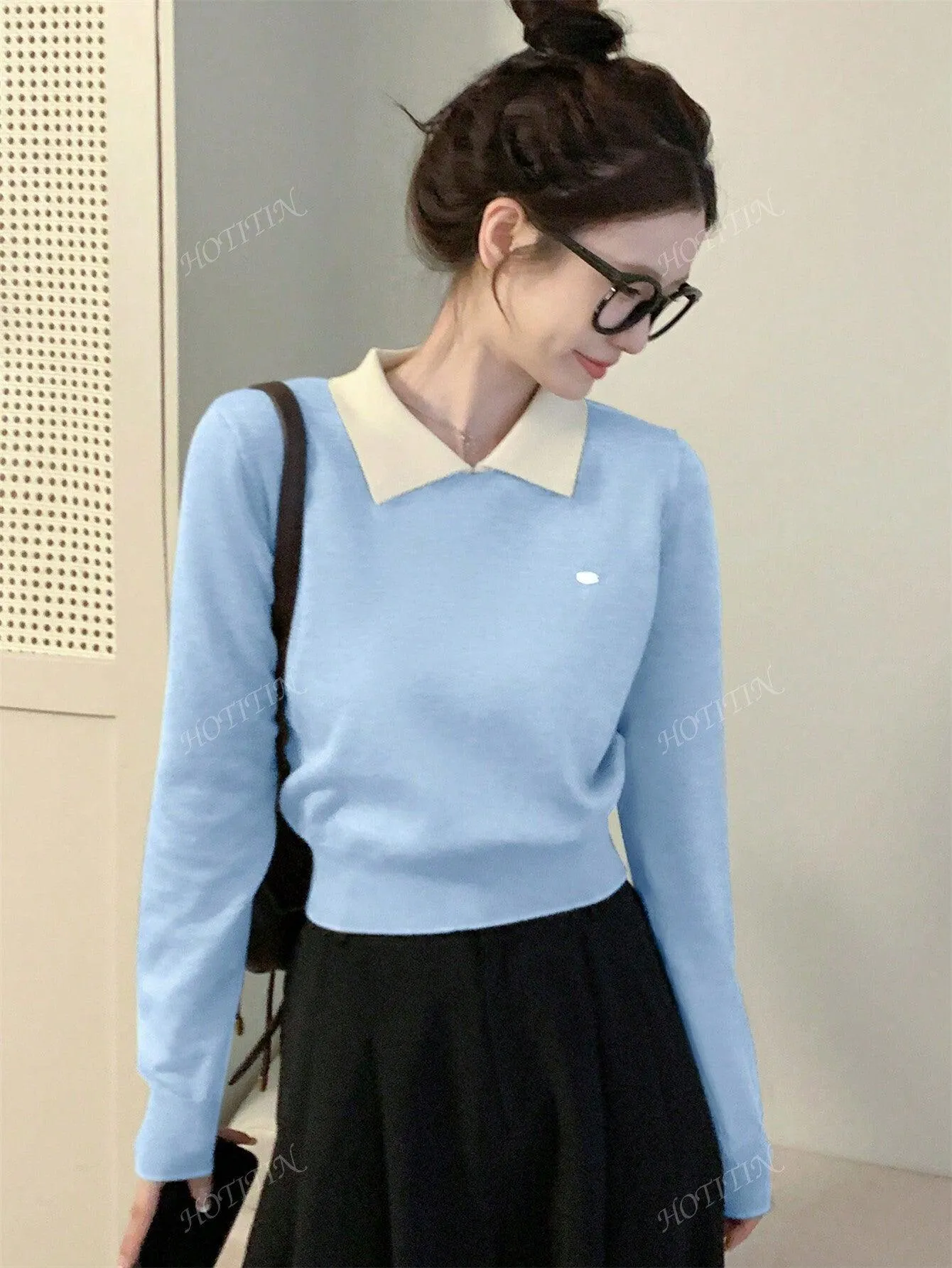 Korean Polo Collar Autumn/Winter New Short Top, Thin Top, Contrasting Color, Long Sleeved Women's Sweater