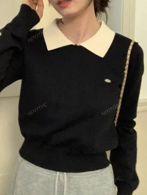 Korean Polo Collar Autumn/Winter New Short Top, Thin Top, Contrasting Color, Long Sleeved Women's Sweater