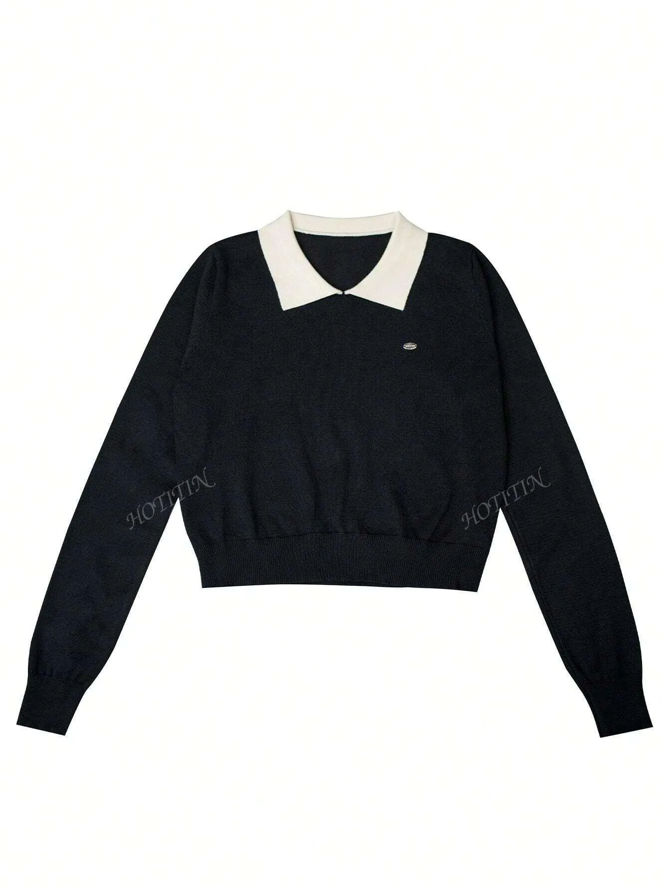 Korean Polo Collar Autumn/Winter New Short Top, Thin Top, Contrasting Color, Long Sleeved Women's Sweater