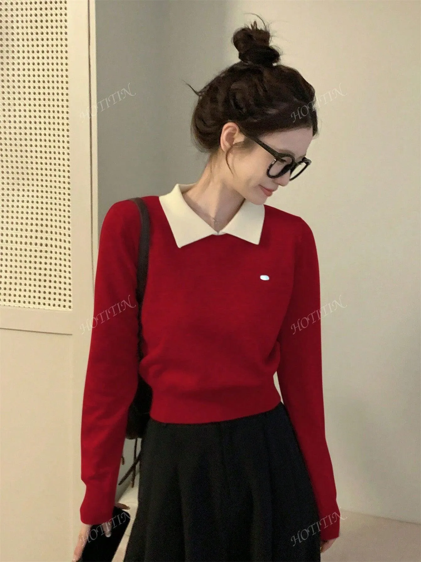 Korean Polo Collar Autumn/Winter New Short Top, Thin Top, Contrasting Color, Long Sleeved Women's Sweater