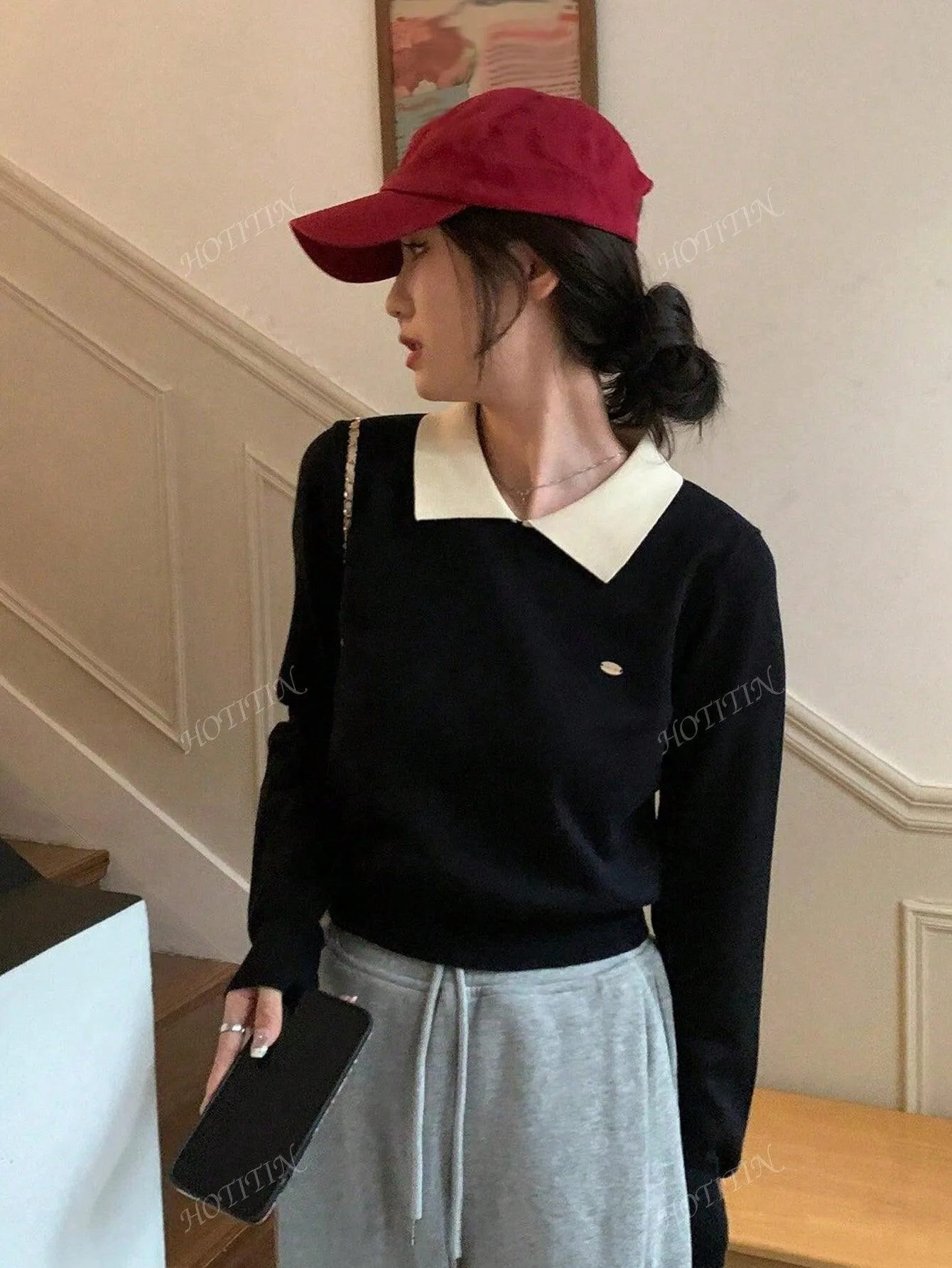 Korean Polo Collar Autumn/Winter New Short Top, Thin Top, Contrasting Color, Long Sleeved Women's Sweater