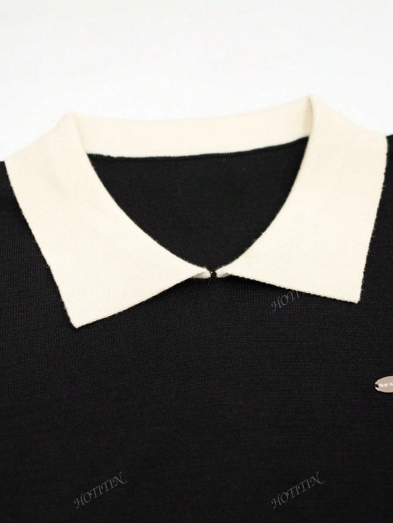 Korean Polo Collar Autumn/Winter New Short Top, Thin Top, Contrasting Color, Long Sleeved Women's Sweater