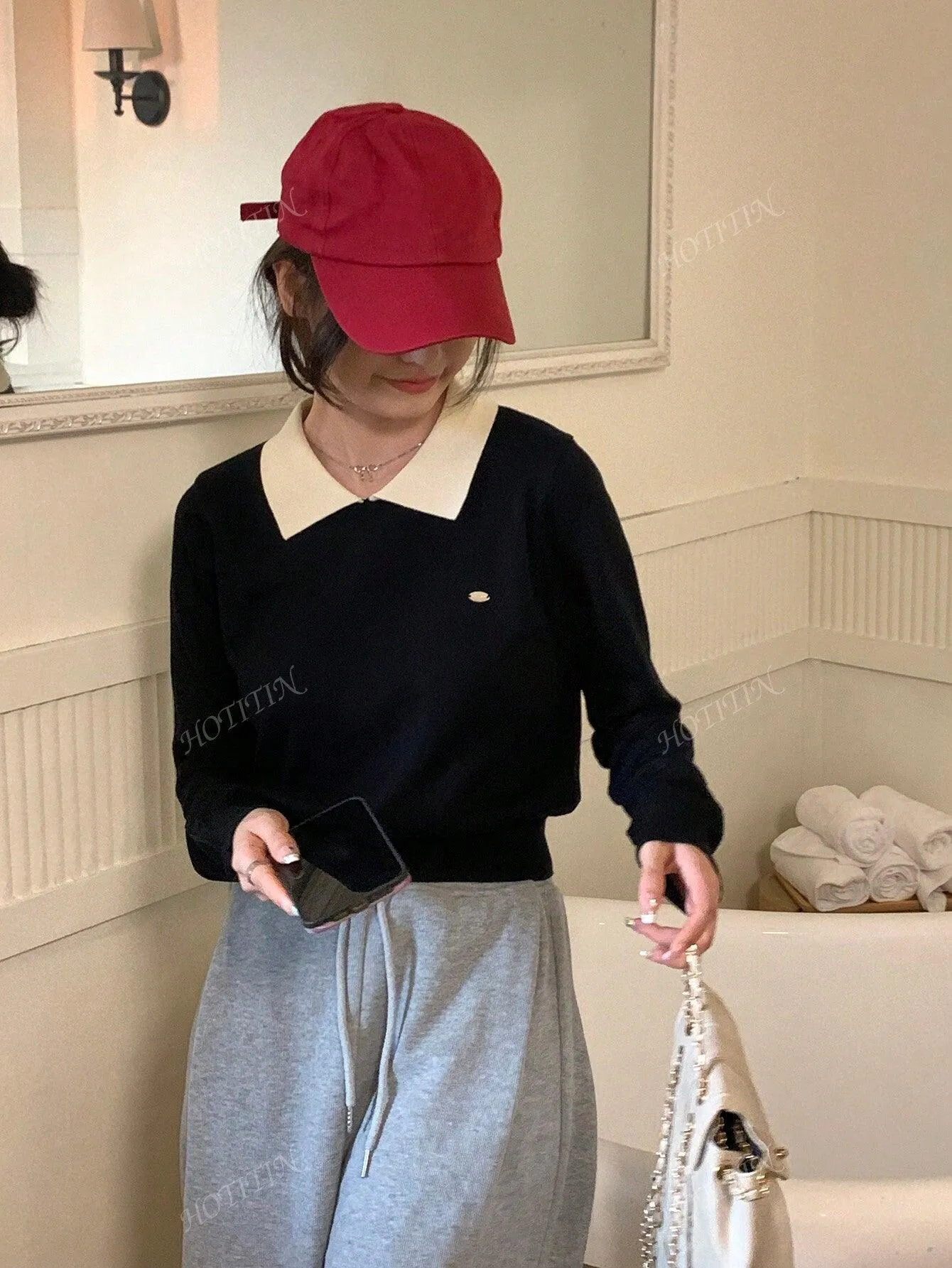 Korean Polo Collar Autumn/Winter New Short Top, Thin Top, Contrasting Color, Long Sleeved Women's Sweater