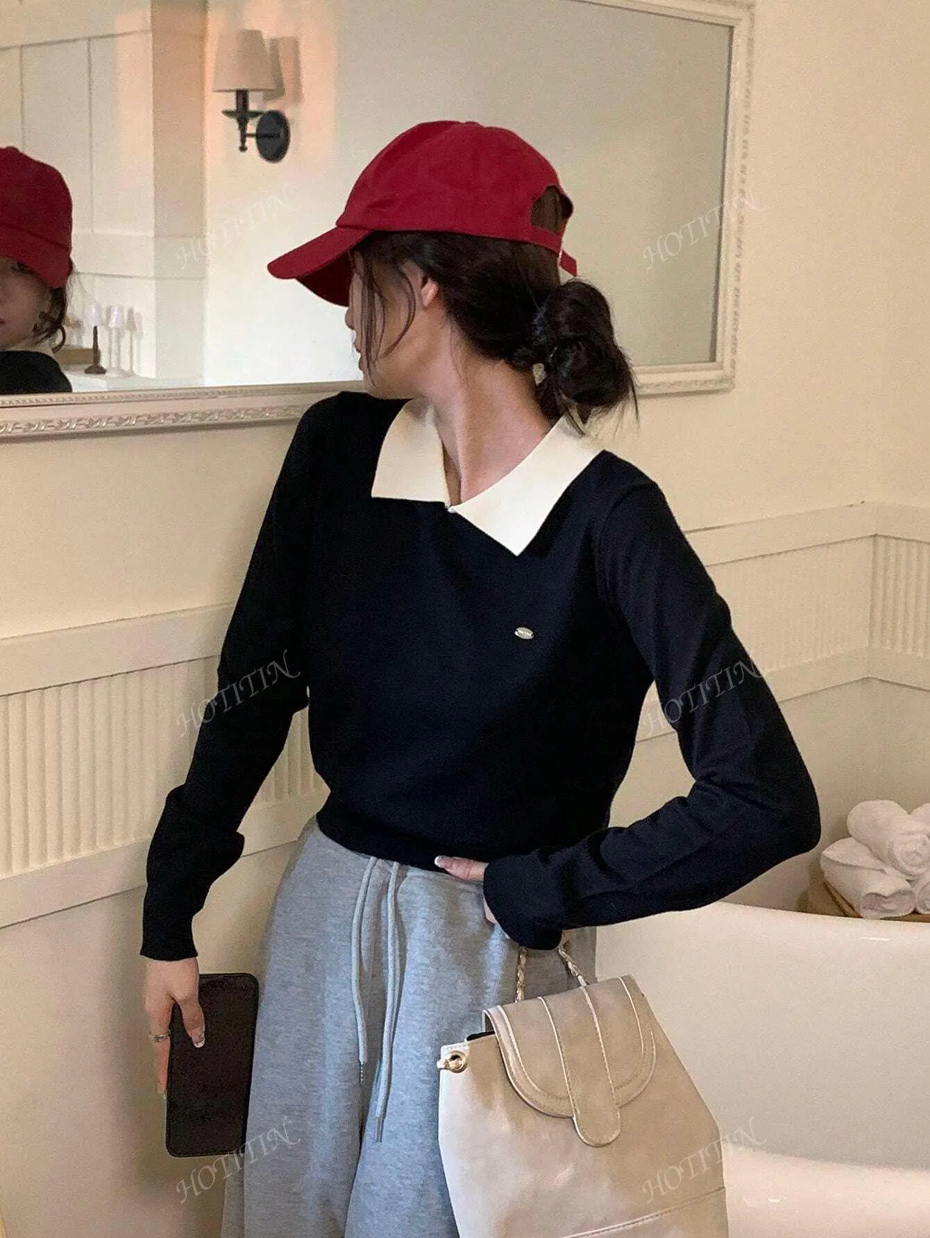 Korean Polo Collar Autumn/Winter New Short Top, Thin Top, Contrasting Color, Long Sleeved Women's Sweater