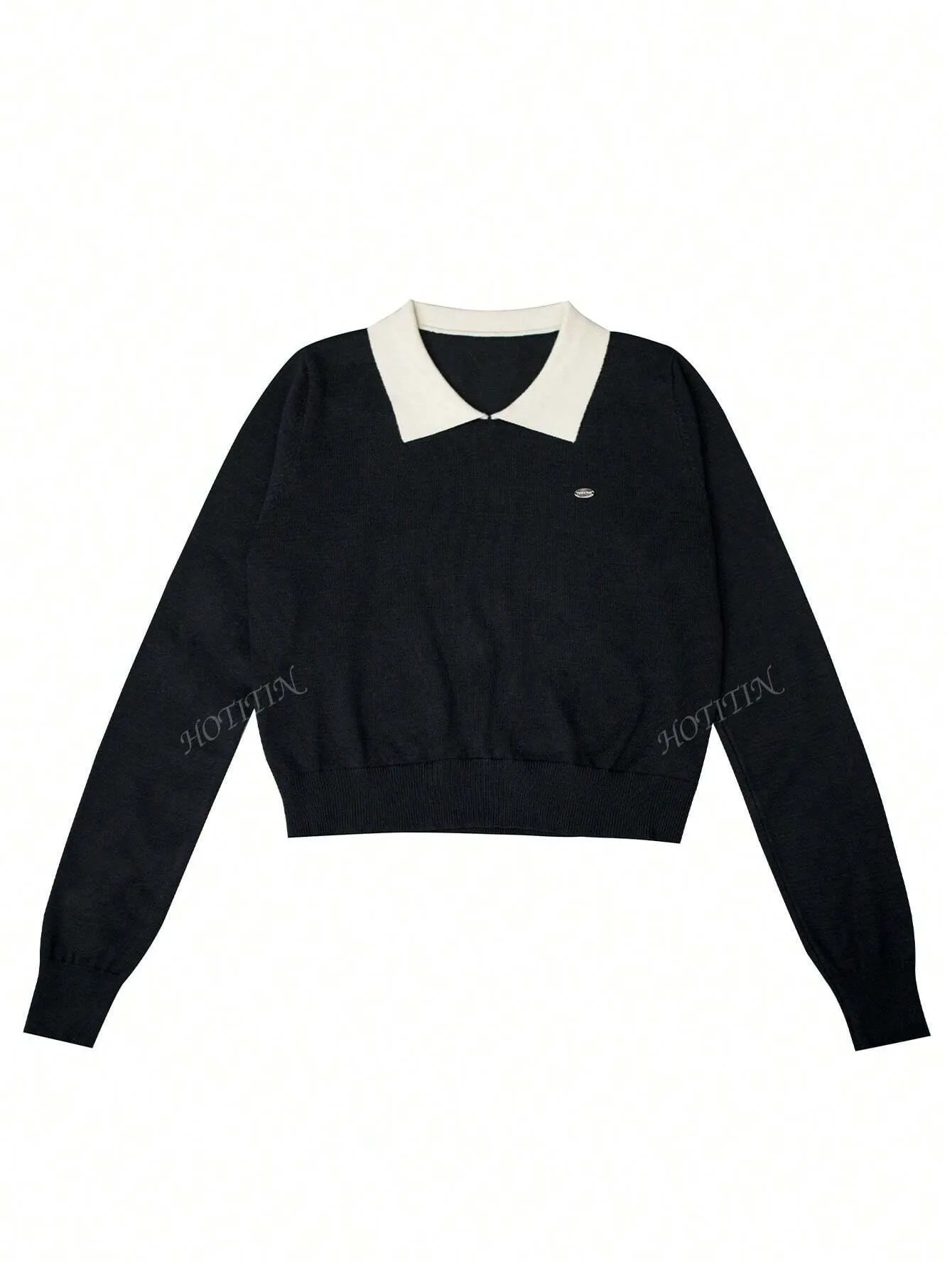 Korean Polo Collar Autumn/Winter New Short Top, Thin Top, Contrasting Color, Long Sleeved Women's Sweater