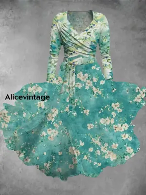Ladies Fashion Elegant Art Floral Print V-Neck Long Sleeve Midi Dress