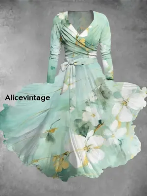 Ladies Fashion Elegant Art Floral Print V-Neck Long Sleeve Midi Dress