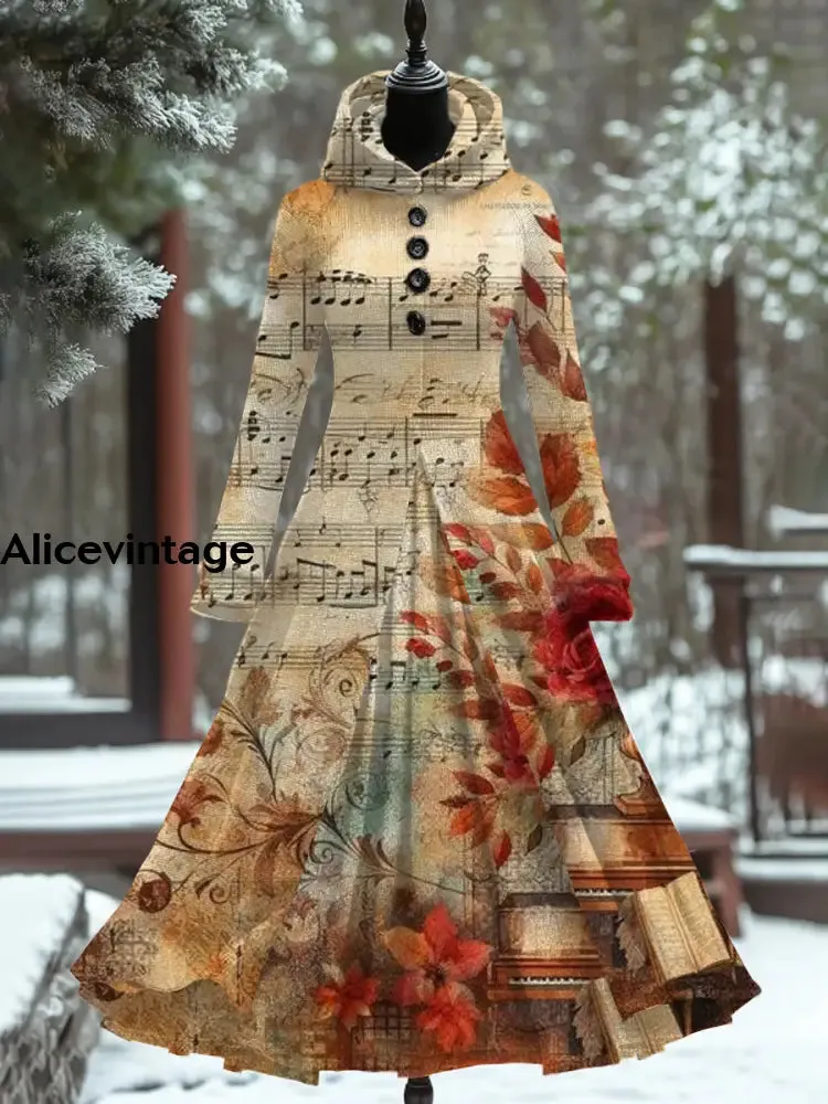 Leaf Art Print Vintage Elegant Long Sleeve Maxi Dress Fake Two Piece Dress