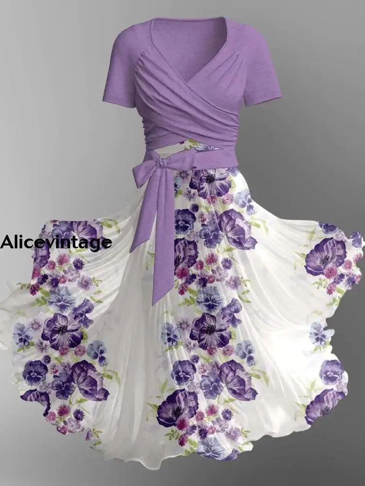 Light Purple Floral Print Elegant Vintage Chic V-Neck Strap Short Sleeve Midi Dress