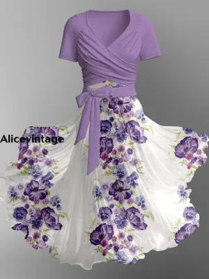 Light Purple Floral Print Elegant Vintage Chic V-Neck Strap Short Sleeve Midi Dress
