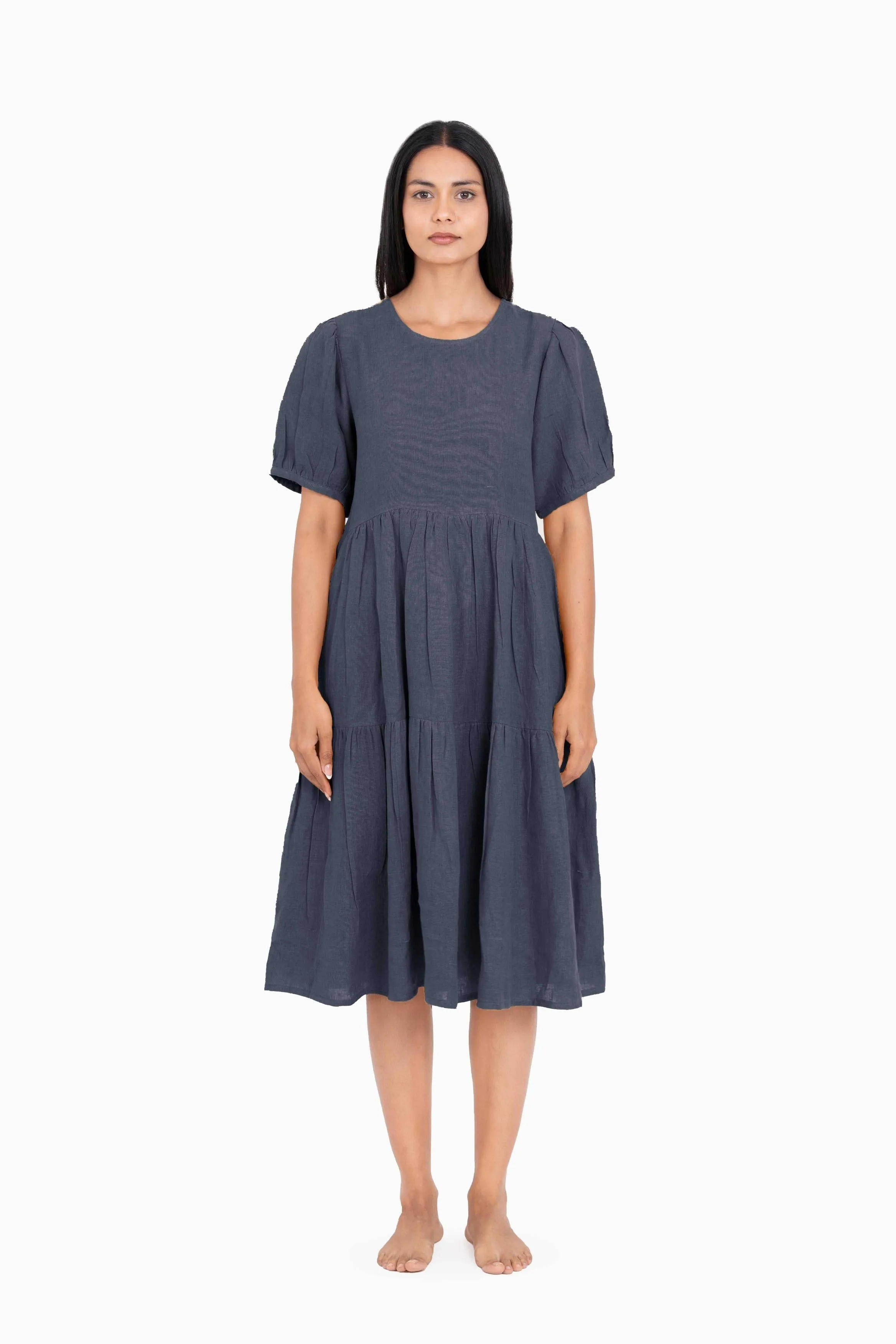 Linen Elvira Dress-Pacific Blue