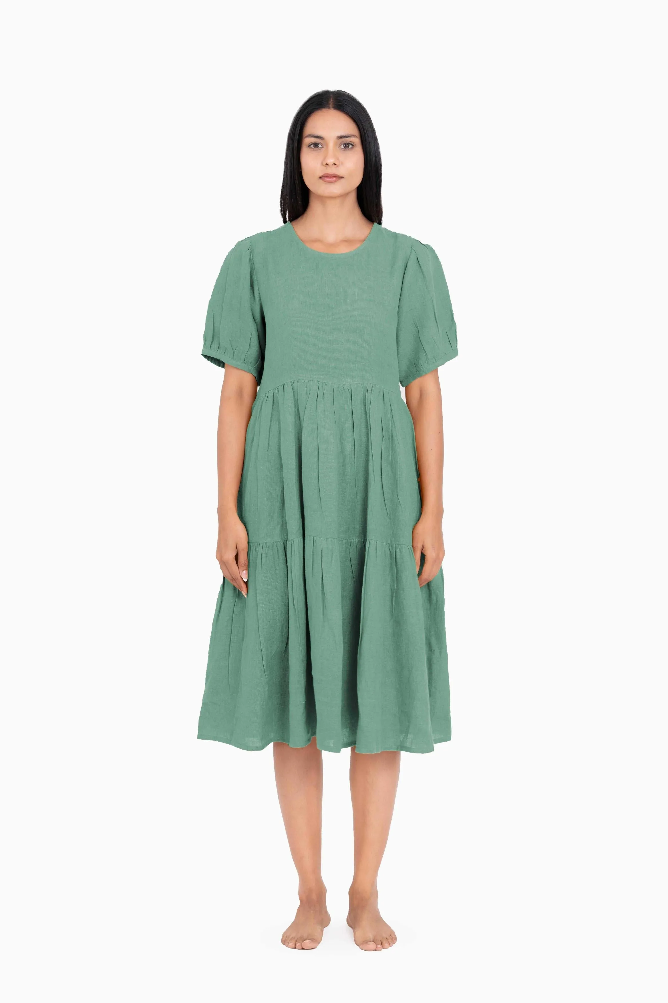 Linen Elvira Dress-Pacific Blue
