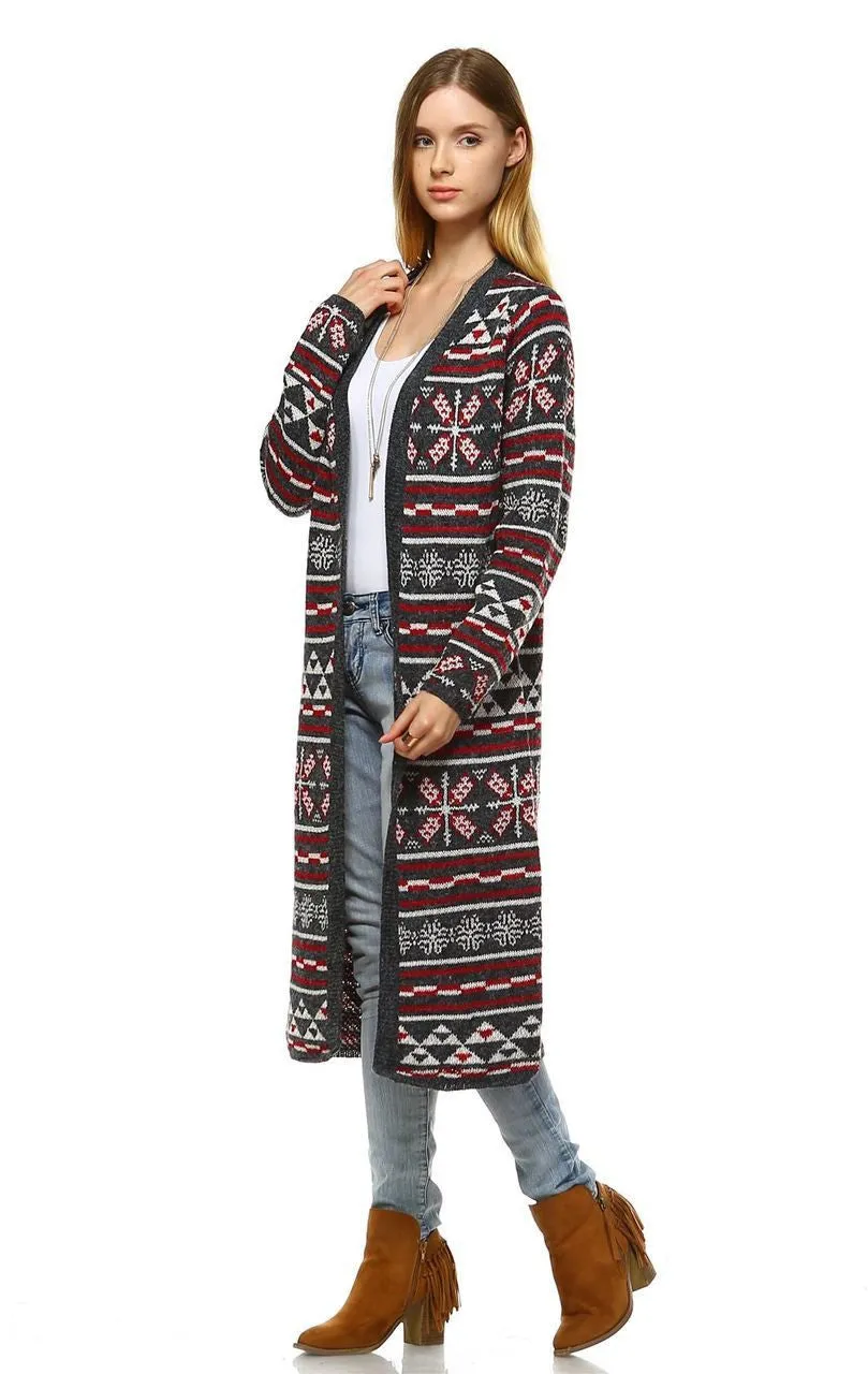 Long Aztec Cardigan Tribal Sweater Holiday Isle Pattern Red Gray