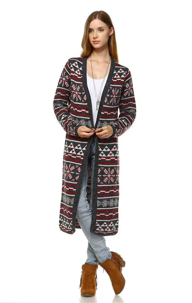 Long Aztec Cardigan Tribal Sweater Holiday Isle Pattern Red Gray