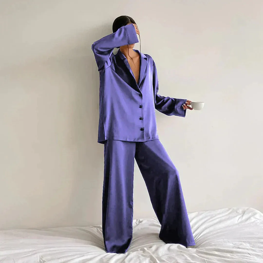 Lounge Bella™ | Women's Lounge Set | Button-Up Shirt & Wide-Leg Pants, Soft Notched Collar, Relaxed Fit