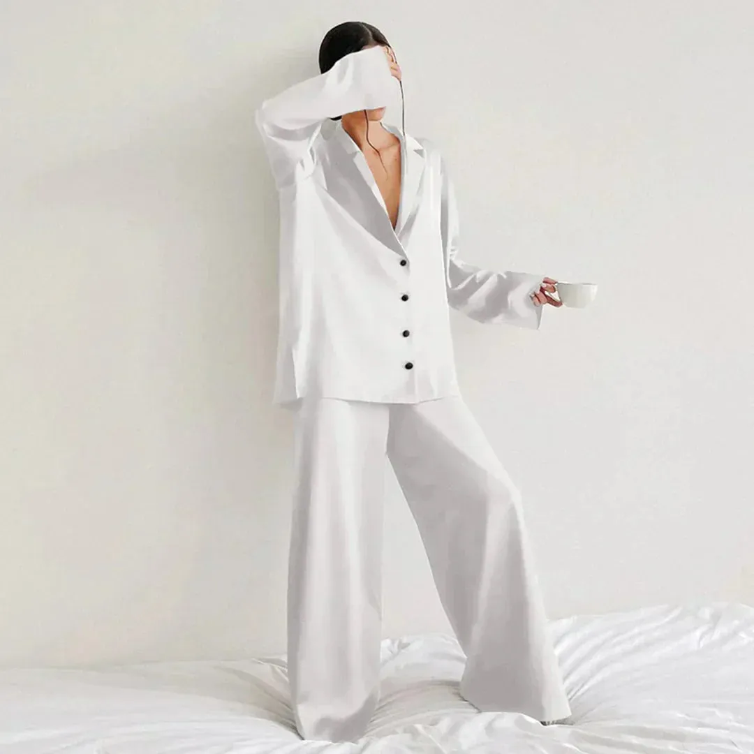 Lounge Bella™ | Women's Lounge Set | Button-Up Shirt & Wide-Leg Pants, Soft Notched Collar, Relaxed Fit