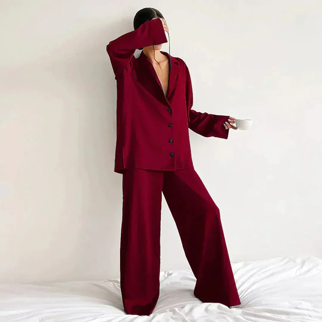 Lounge Bella™ | Women's Lounge Set | Button-Up Shirt & Wide-Leg Pants, Soft Notched Collar, Relaxed Fit