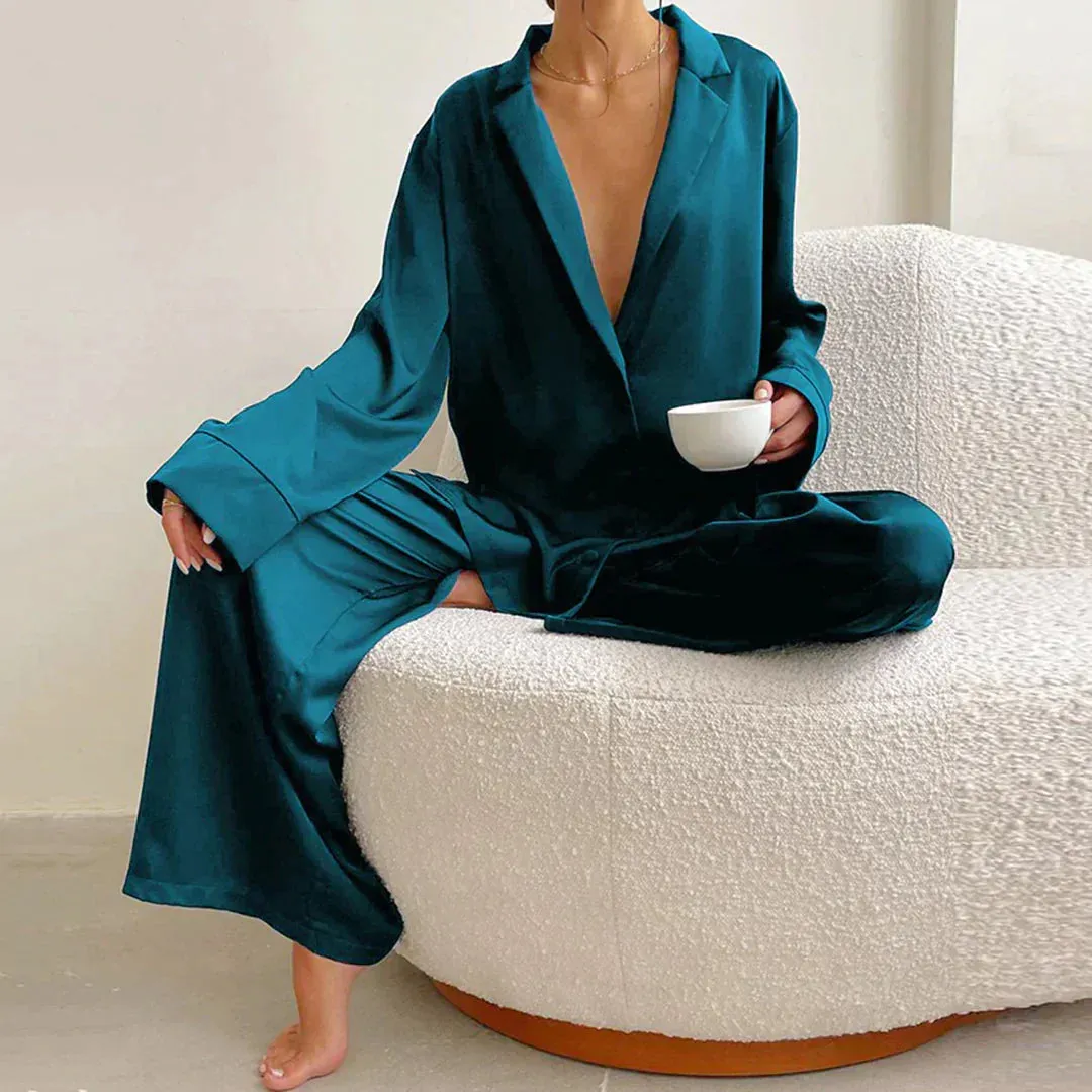 Lounge Bella™ | Women's Lounge Set | Button-Up Shirt & Wide-Leg Pants, Soft Notched Collar, Relaxed Fit