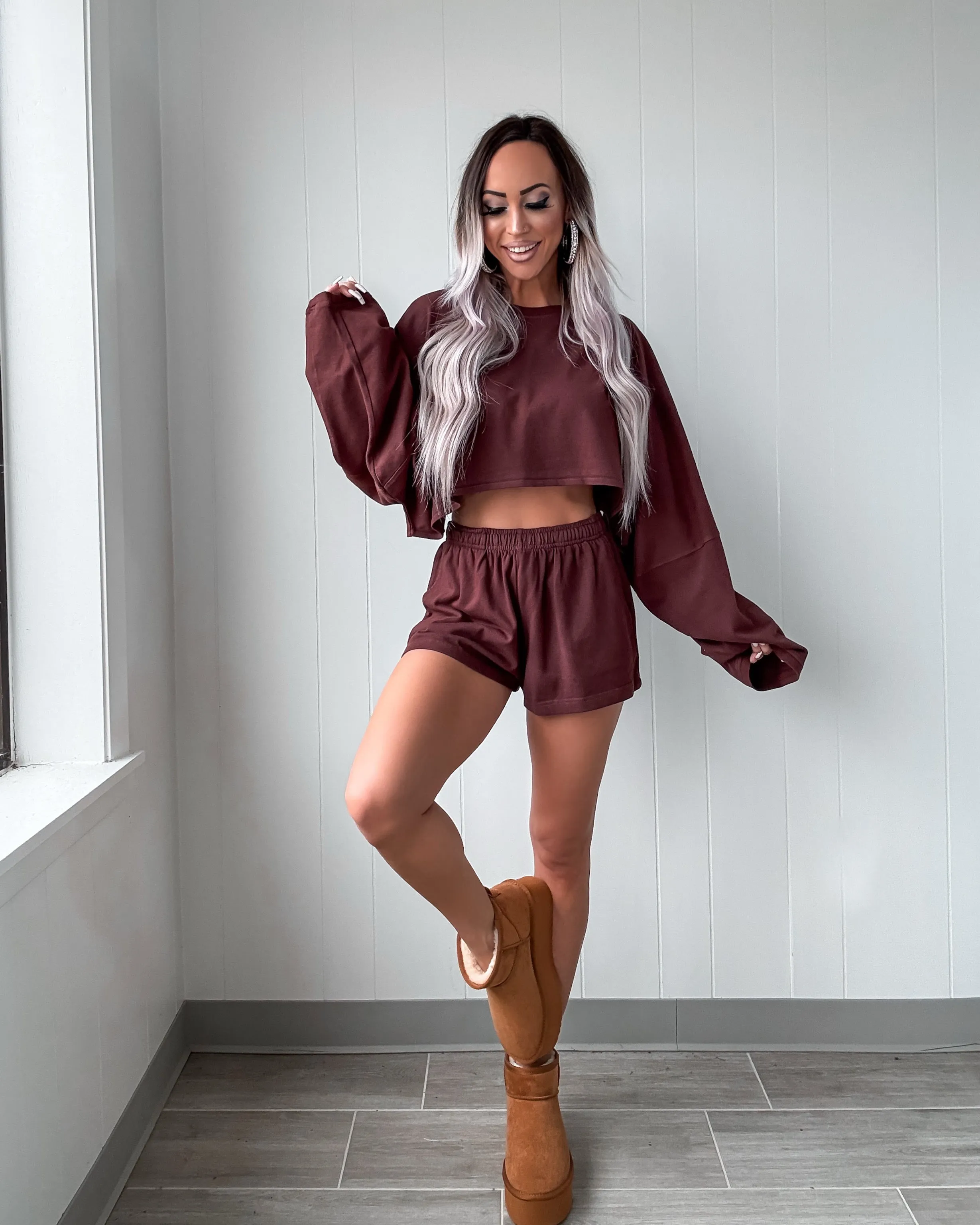 Lounge Luxe Terry Cloth Cropped Short Set - Brown