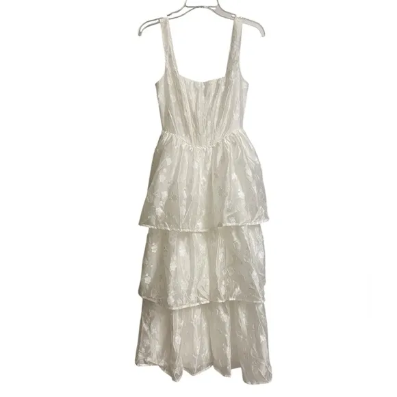 Lulus White Floral Burnout Bustier Tiered Midi Dress Size XS Fairy Coquette NWOT