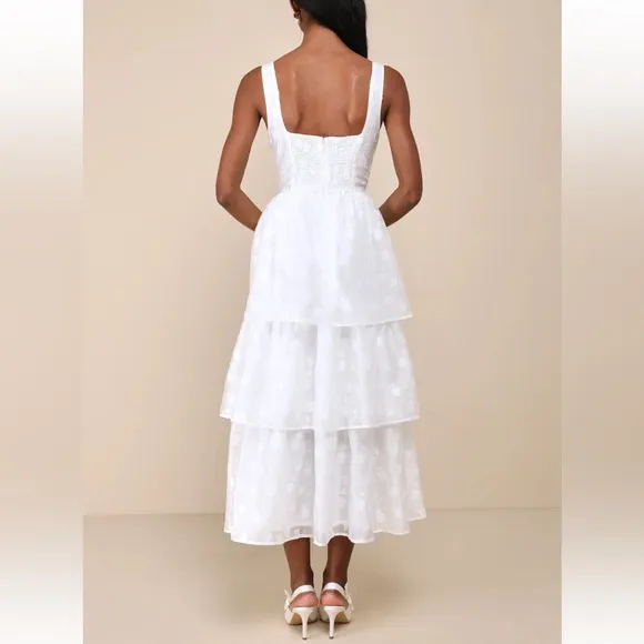 Lulus White Floral Burnout Bustier Tiered Midi Dress Size XS Fairy Coquette NWOT