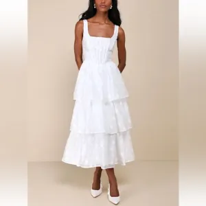 Lulus White Floral Burnout Bustier Tiered Midi Dress Size XS Fairy Coquette NWOT